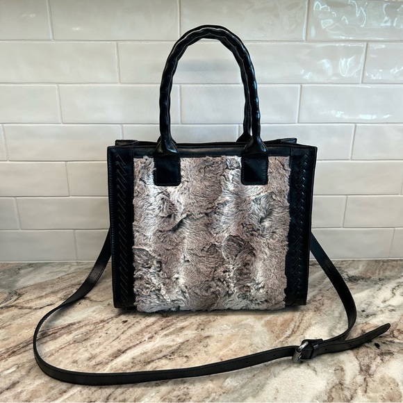 PatriciaNash Curry Faux Fur Black Leather Tote Double Handles Crossbody